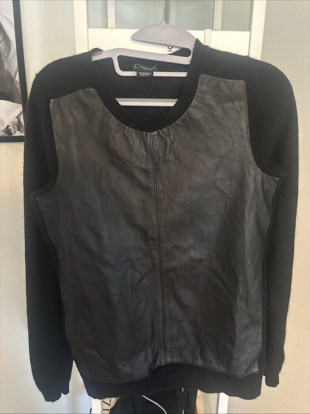 Leather-Front Black Crewneck Cashmere Sweater